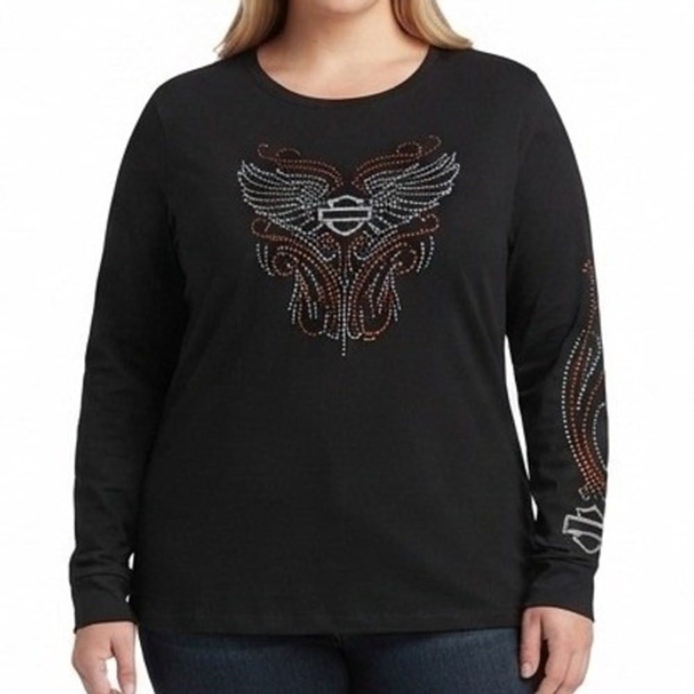 Harley-Davidson Long Sleeve Top Women 2X Black Rhinestone Biker Graphic Shirt